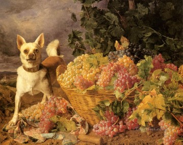 犬 Painting - ヴァルトミュラー フェルディナンド・ゲオルク 風景の中のブドウのかごのそばにある犬
